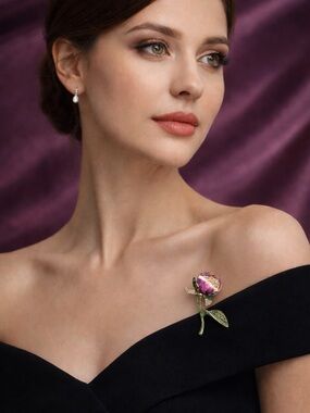 Purple Floral Brooch Pin – Rhinestone Rose Statement Accessory